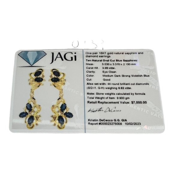Vintage 18 Karat Yellow Gold Natural Sapphire and Diamond Dangle Earrings #10739 - Picture 8 of 8